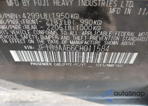 2012 Subaru Impreza 2.0I z USA, uszkodzony, nr VIN JF1GJAA66CH011584